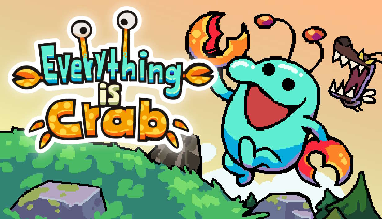 Key art for Everything is Crab, with a weird creature with crab claws skipping happily towards the viewer.